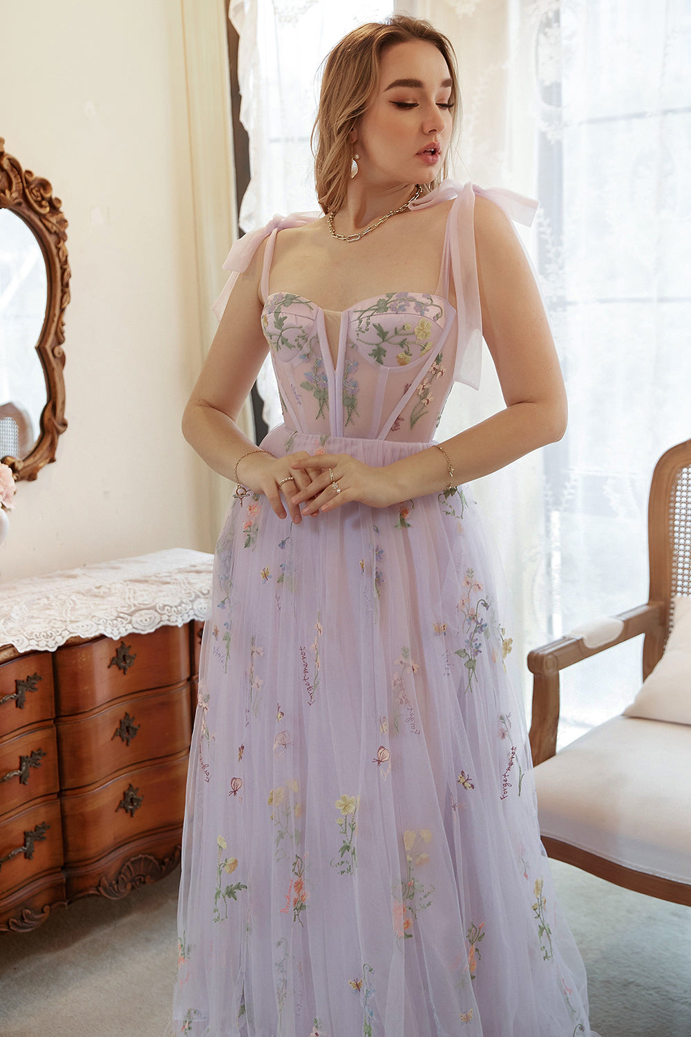 Lavender Tulle A Line Corset Plus Size Prom Dress with Embroidered - Fashionpara