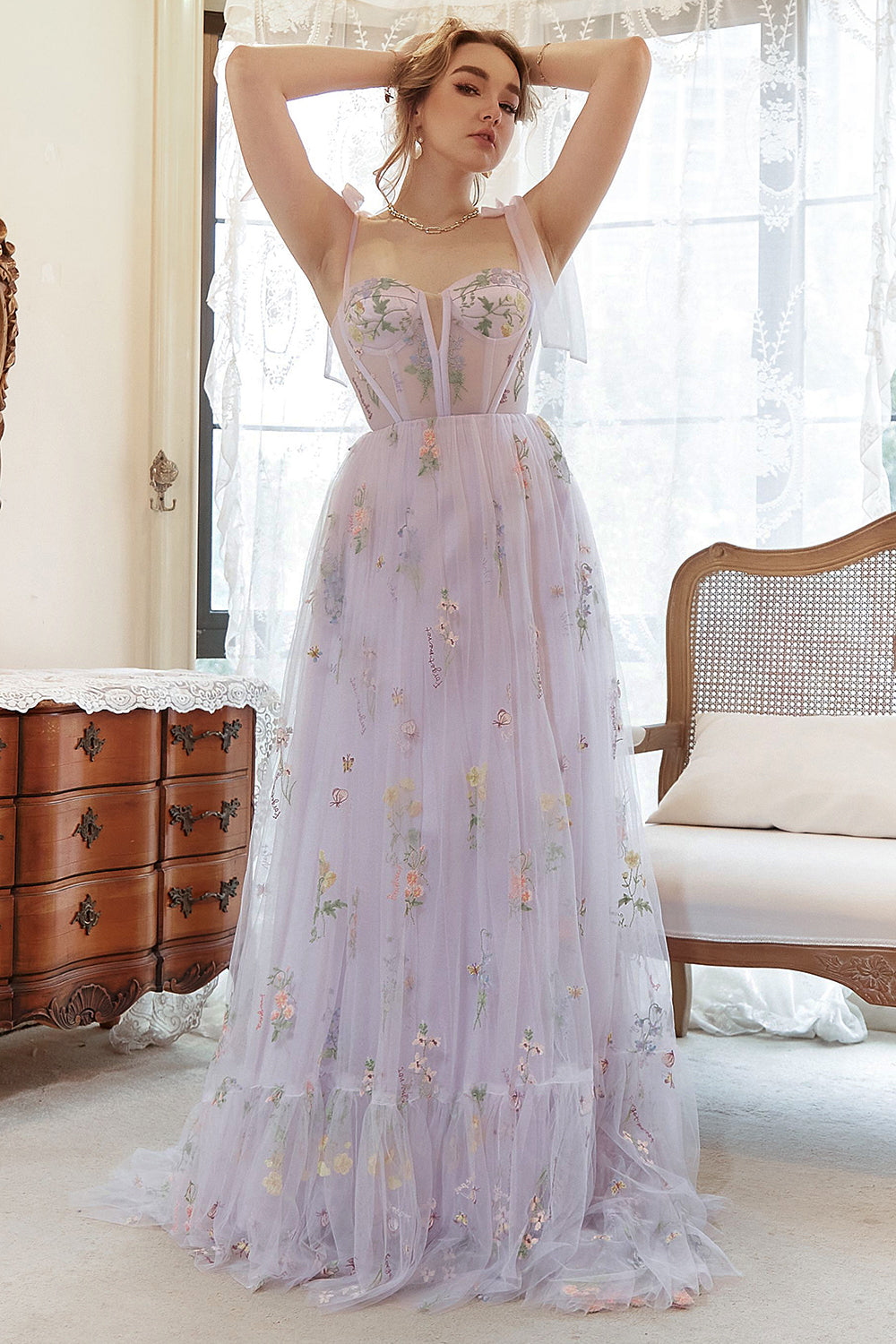 Lavender Tulle A Line Corset Plus Size Prom Dress with Embroidered - Fashionpara