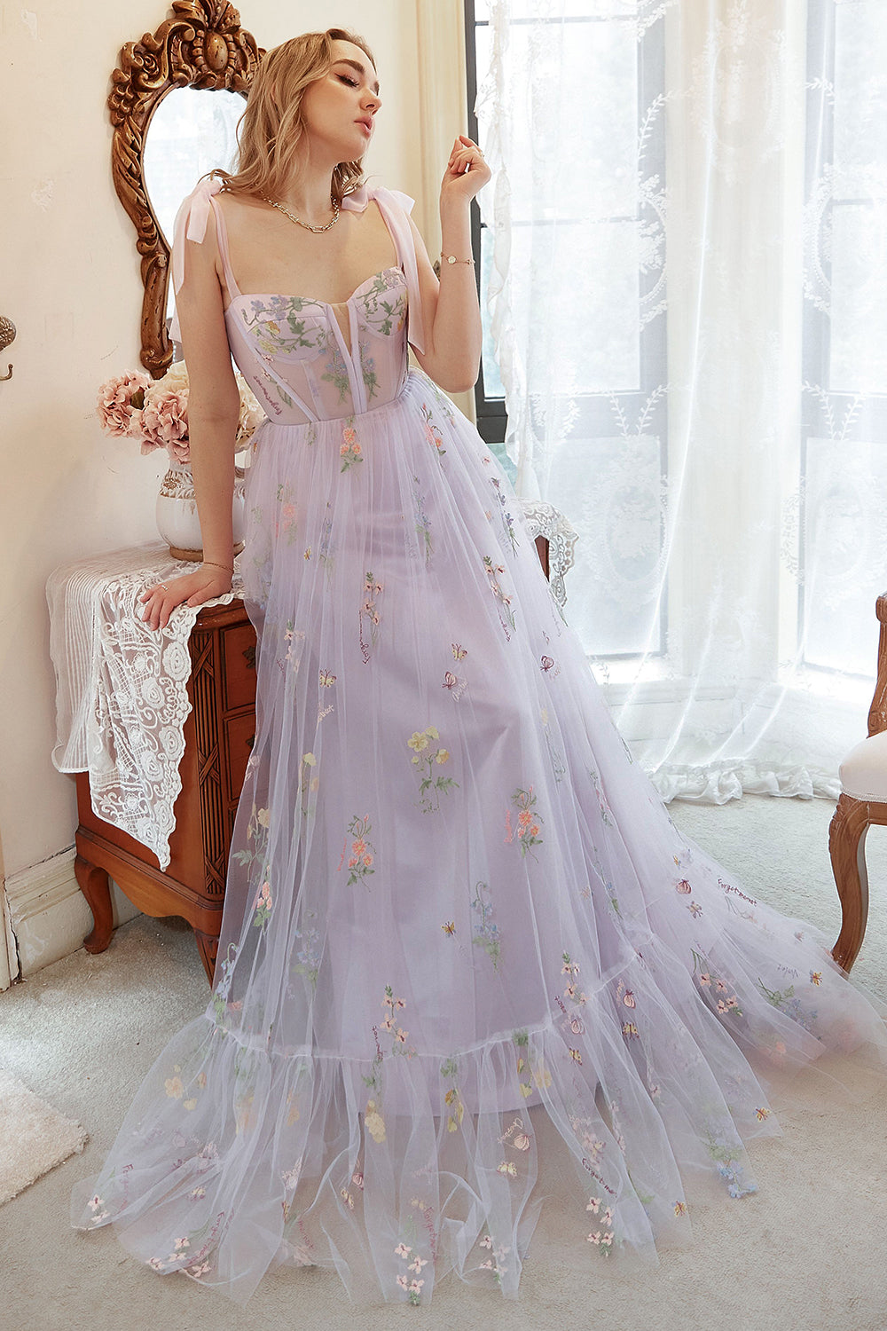 Lavender Tulle A Line Corset Plus Size Prom Dress with Embroidered - Fashionpara