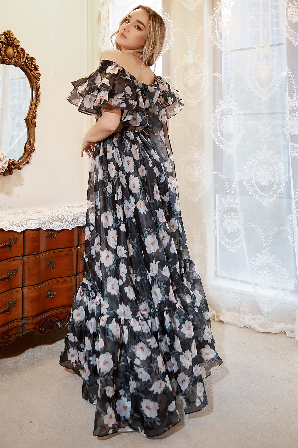 Black Print Off Shoulder Plus Size Prom Dress - Fashionpara