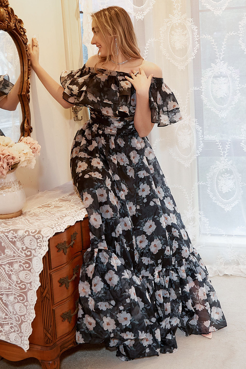 Black Print Off Shoulder Plus Size Prom Dress - Fashionpara