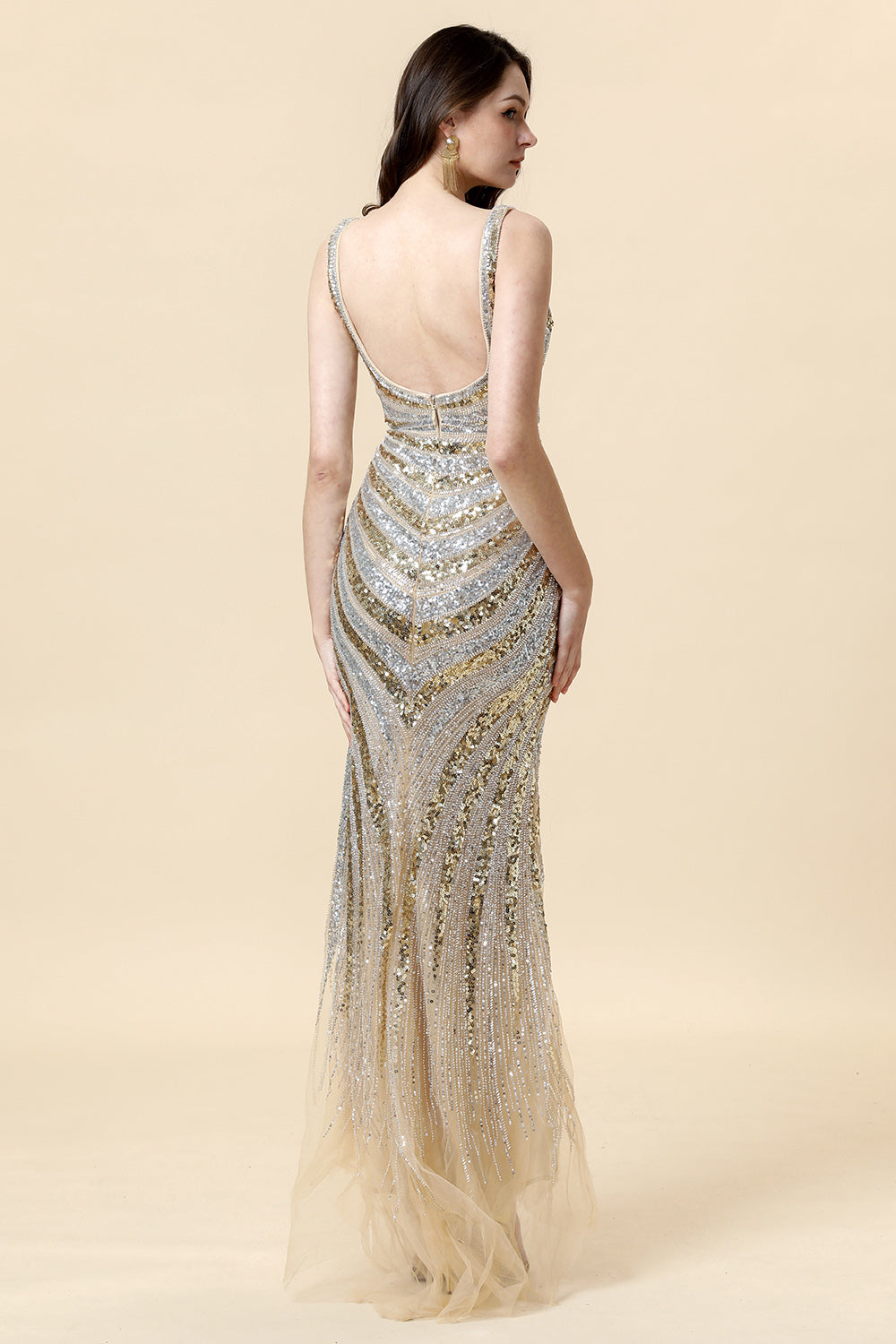 Sheath Deep V Neck Golden Beaded Evening Wear with Silt - Fashionpara