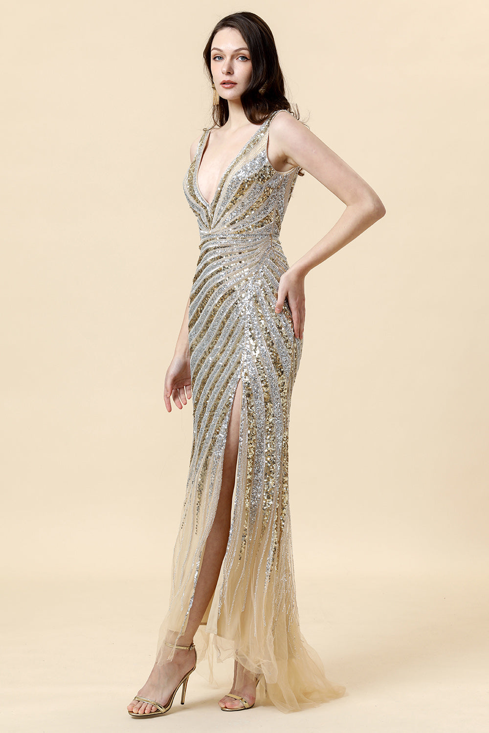 Sheath Deep V Neck Golden Beaded Evening Wear with Silt - Fashionpara
