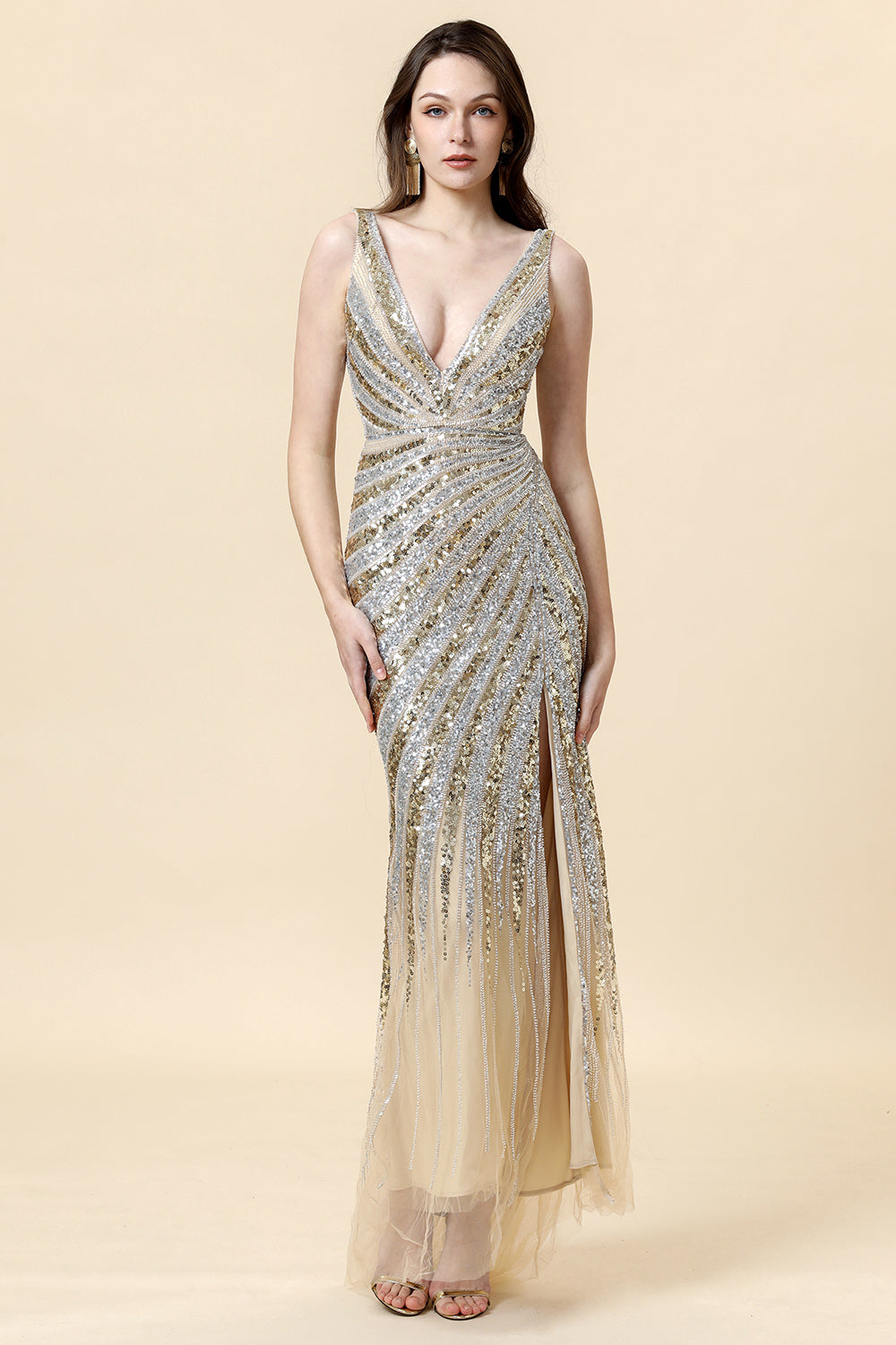 Sheath Deep V Neck Golden Beaded Evening Wear with Silt - Fashionpara
