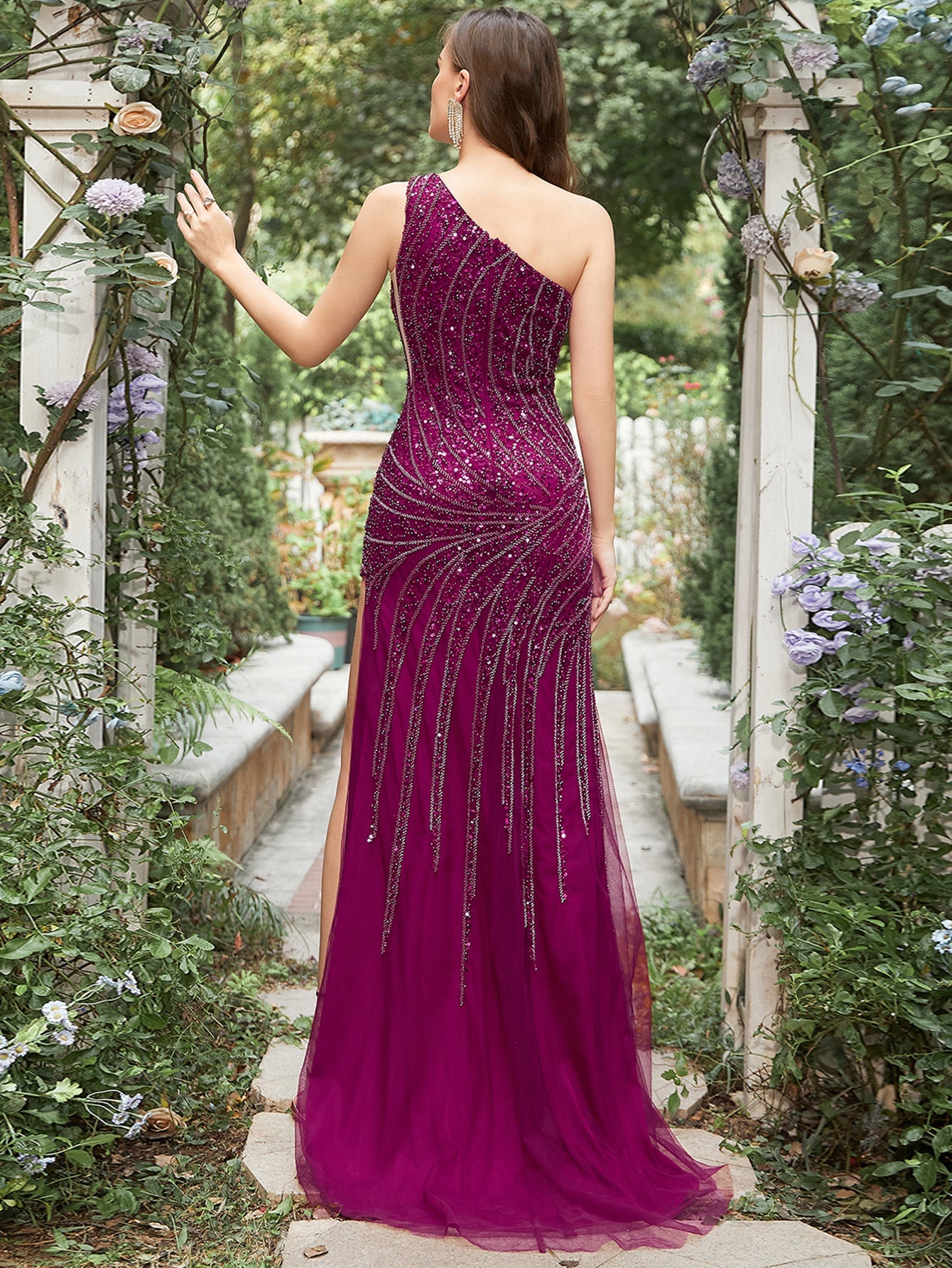 Sparkly Mermaid Purple One Shoulder Long Prom Dress with Slit - Fashionpara