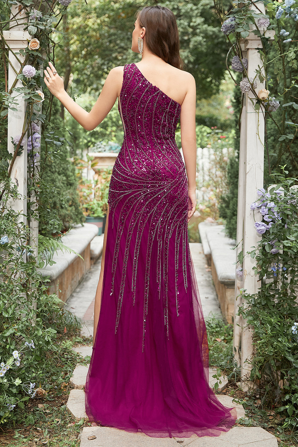 Mermaid One Shoulder Dark Purple Beaded Long Prom Dress with Slit - Fashionpara