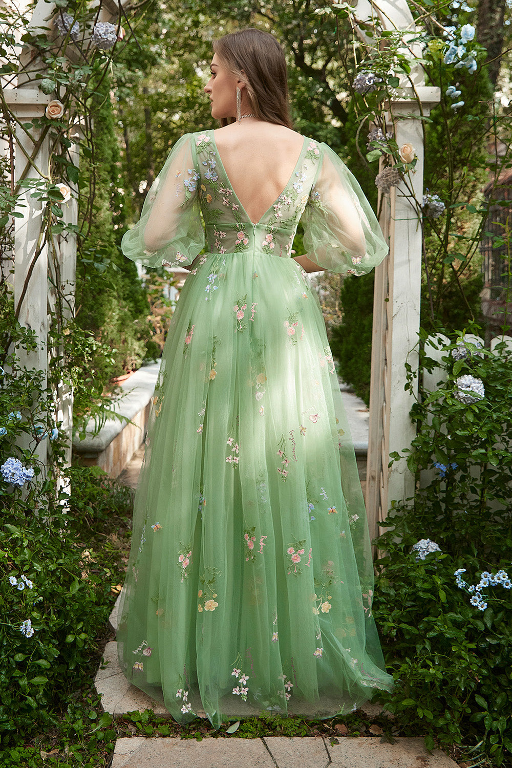 A-Line V-Neck Embroidery Green Long Prom Dress with Short Sleeves - Fashionpara