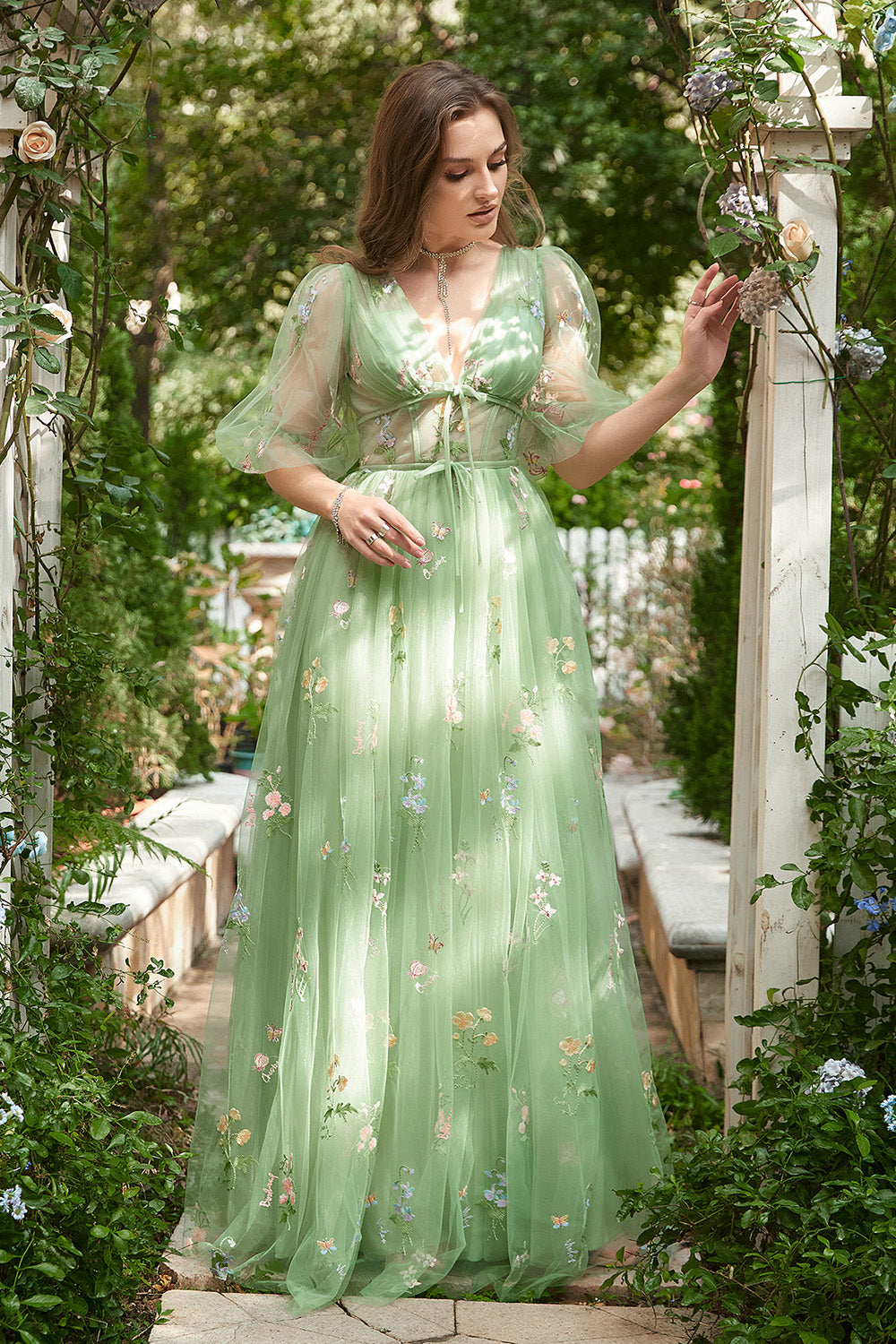 A-Line V-Neck Embroidery Green Long Prom Dress with Short Sleeves - Fashionpara