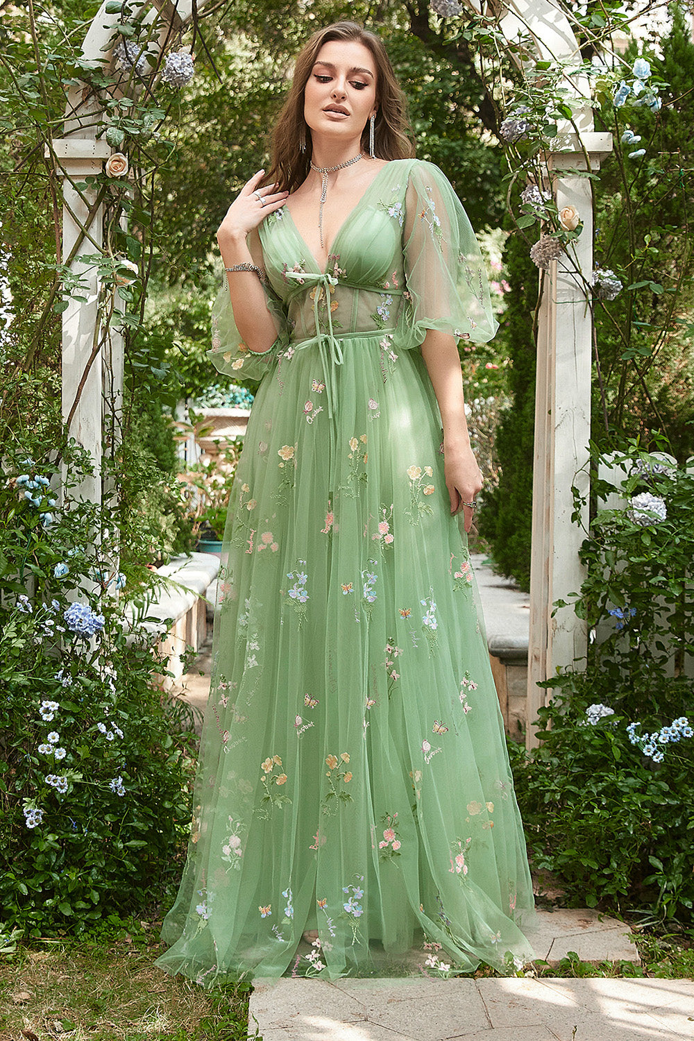 A-Line V-Neck Embroidery Green Long Prom Dress with Short Sleeves - Fashionpara