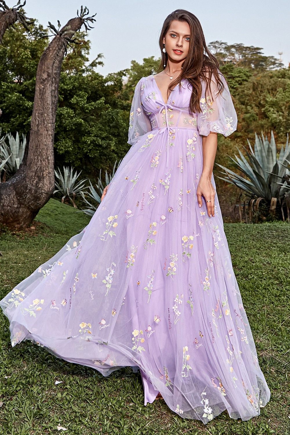 A-Line V-Neck Embroidery Lavender Long Prom Dress with Short Sleeves - Fashionpara