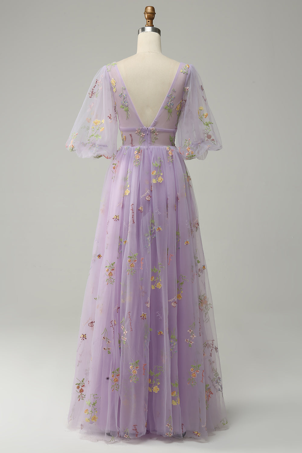 A-Line V-Neck Embroidery Lavender Long Prom Dress with Short Sleeves - Fashionpara