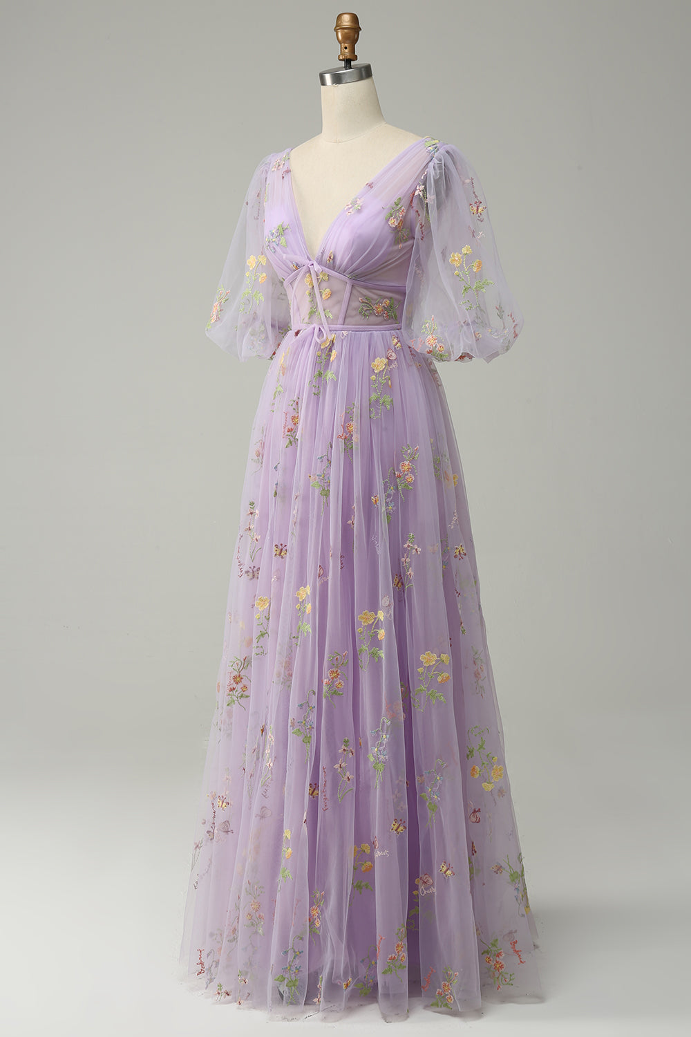 A-Line V-Neck Embroidery Lavender Long Prom Dress with Short Sleeves - Fashionpara