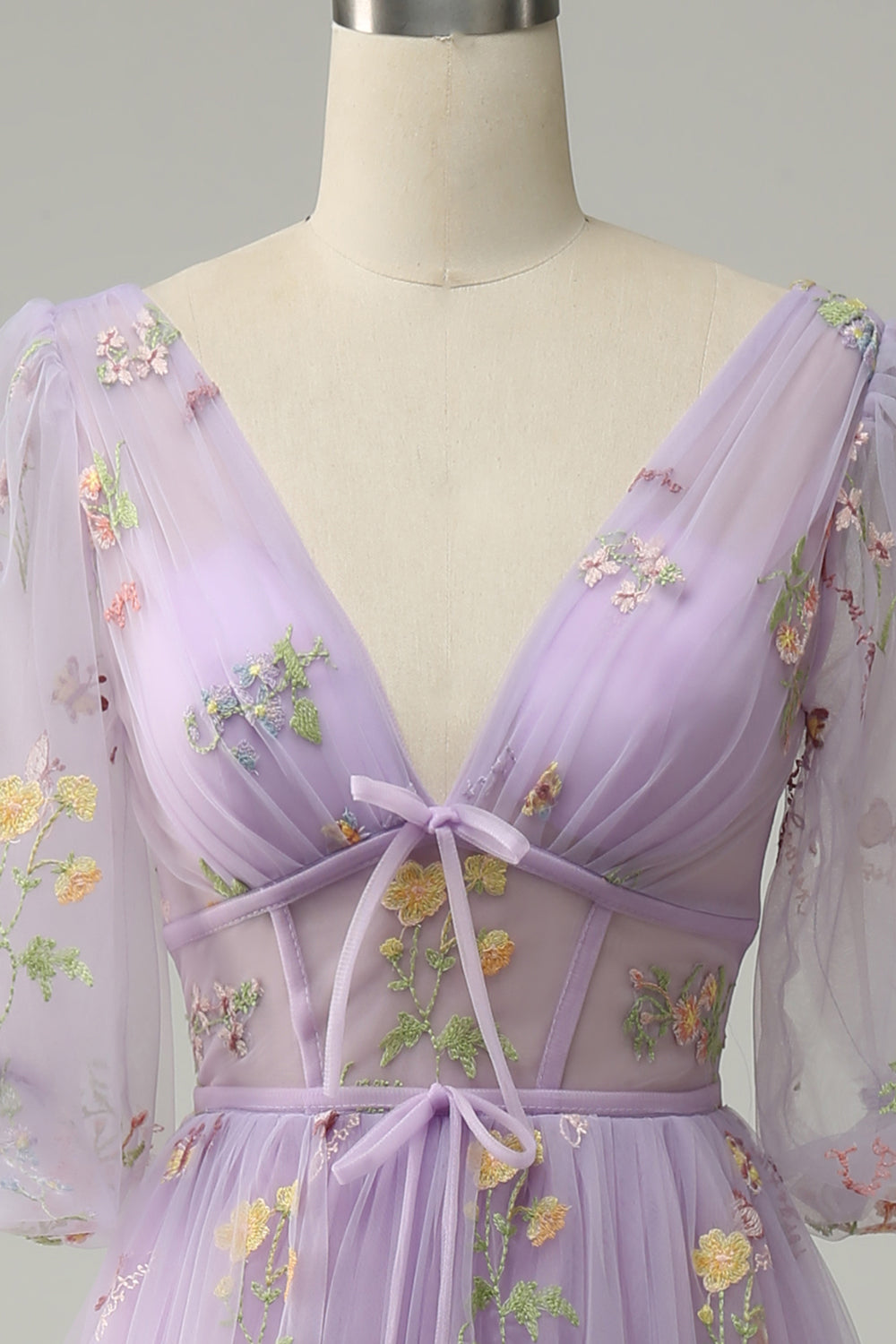 A-Line V-Neck Embroidery Lavender Long Prom Dress with Short Sleeves - Fashionpara