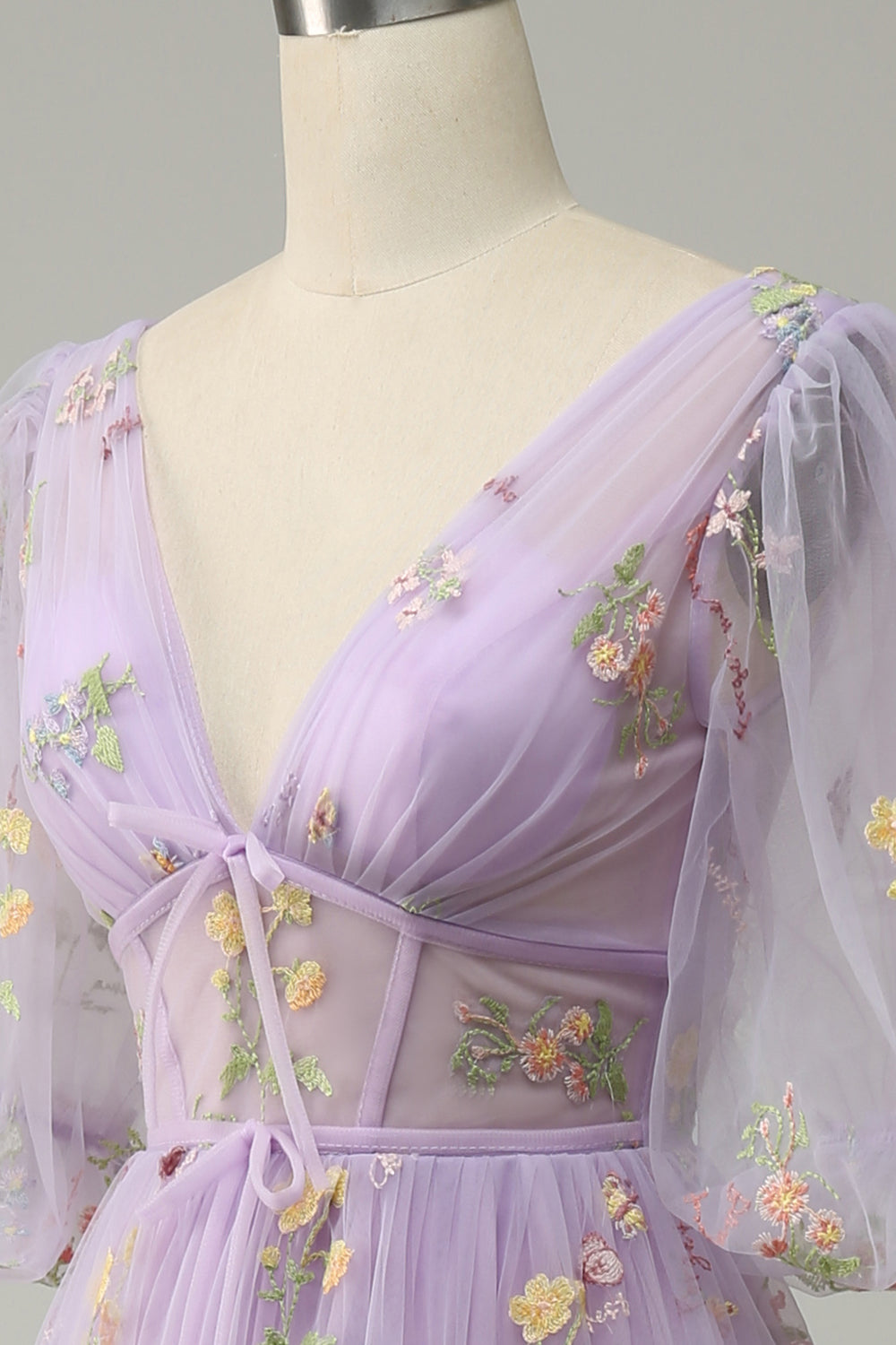 A-Line V-Neck Embroidery Lavender Long Prom Dress with Short Sleeves - Fashionpara