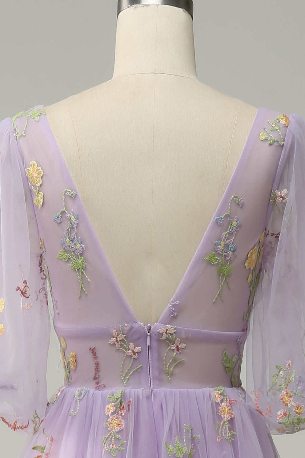 A-Line V-Neck Embroidery Lavender Long Prom Dress with Short Sleeves - Fashionpara