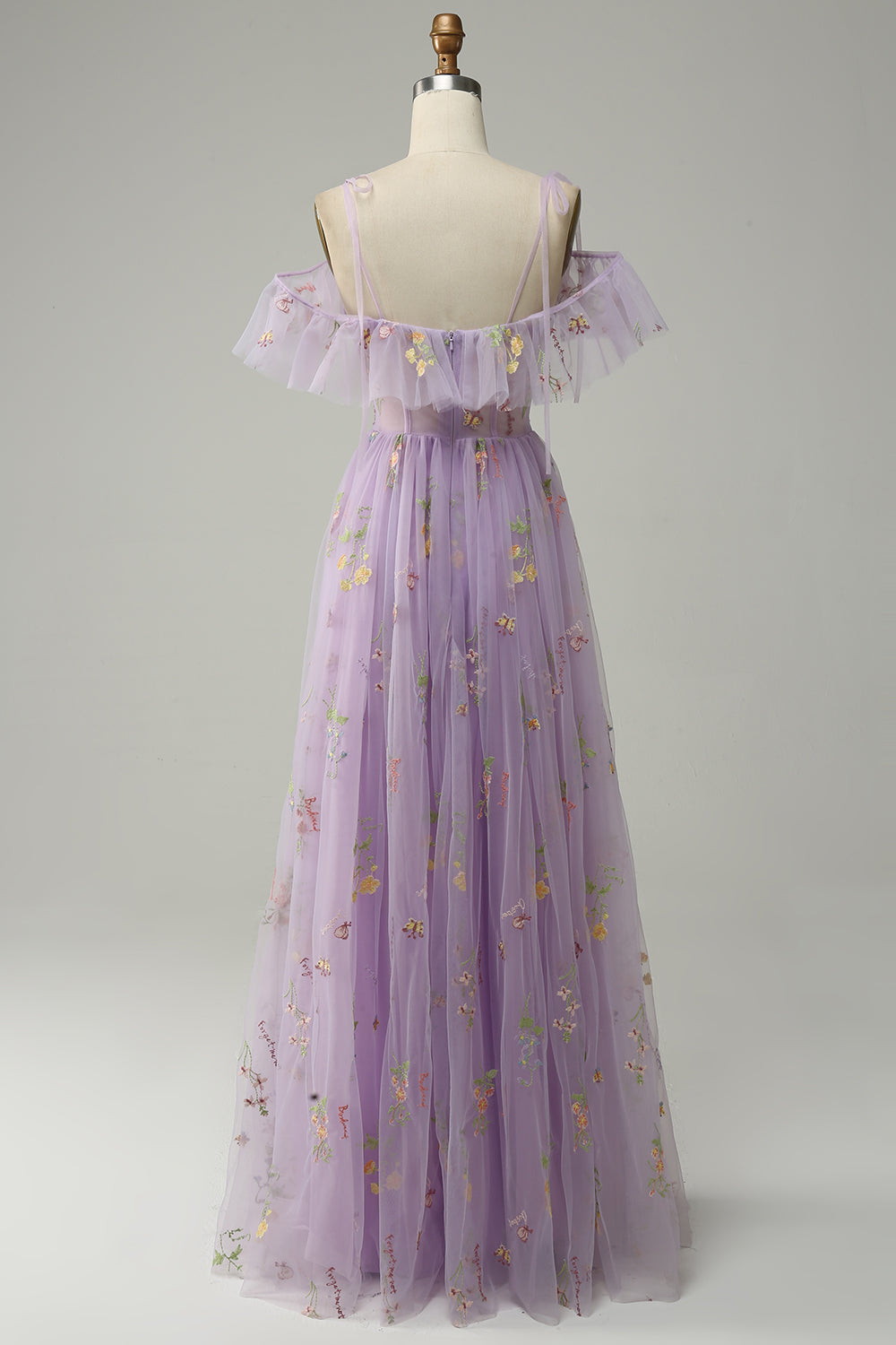 A-Line V-Neck Spaghetti Straps Embroidery Lavender Long Prom Dress with Slit - Fashionpara