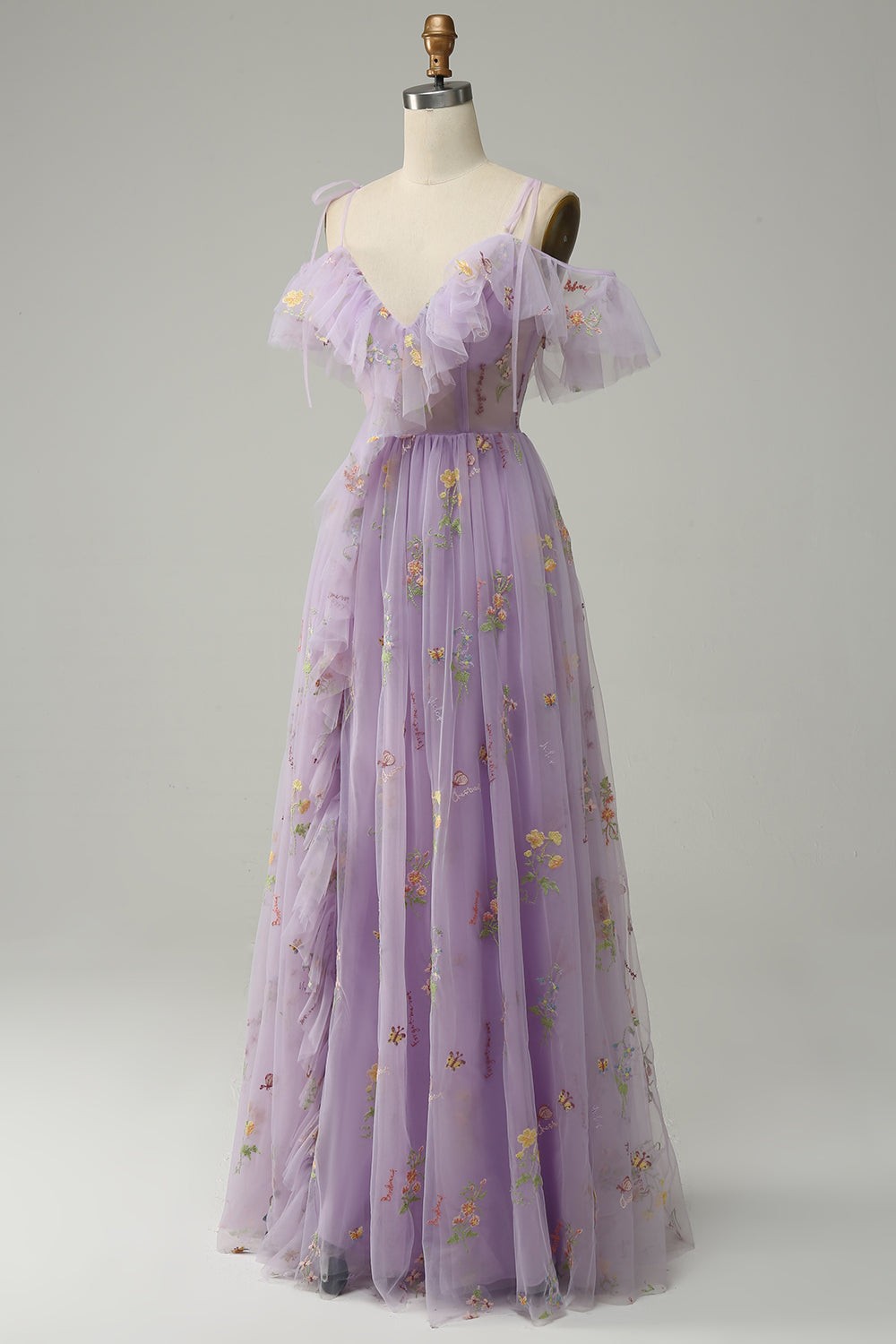 A-Line V-Neck Spaghetti Straps Embroidery Lavender Long Prom Dress with Slit - Fashionpara