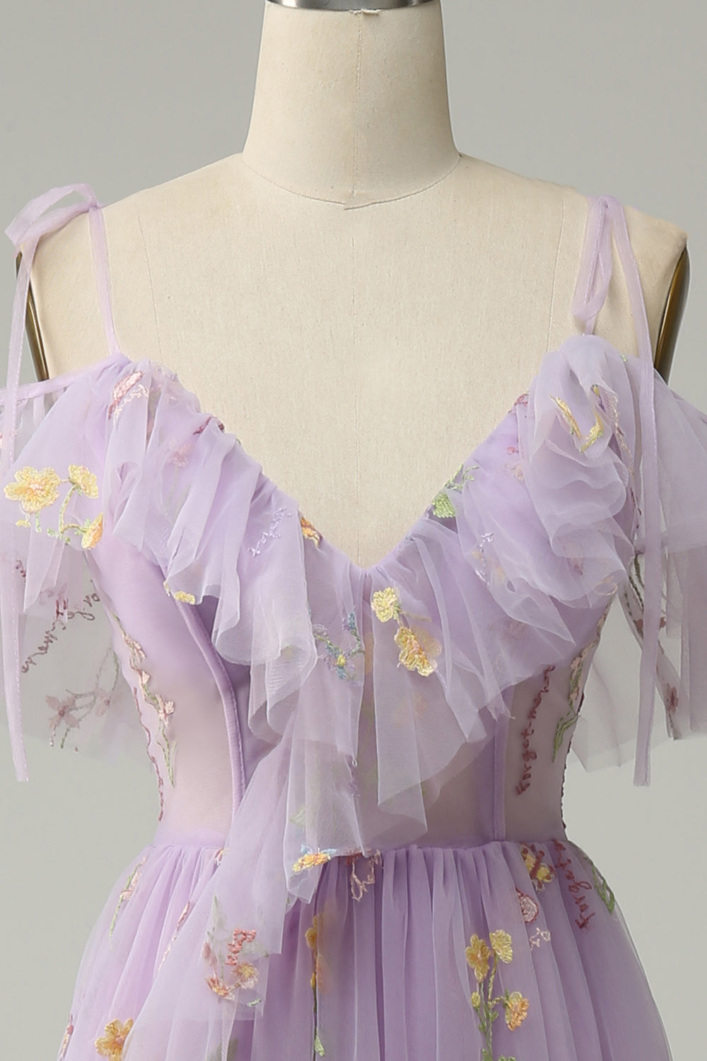 A-Line V-Neck Spaghetti Straps Embroidery Lavender Long Prom Dress with Slit - Fashionpara