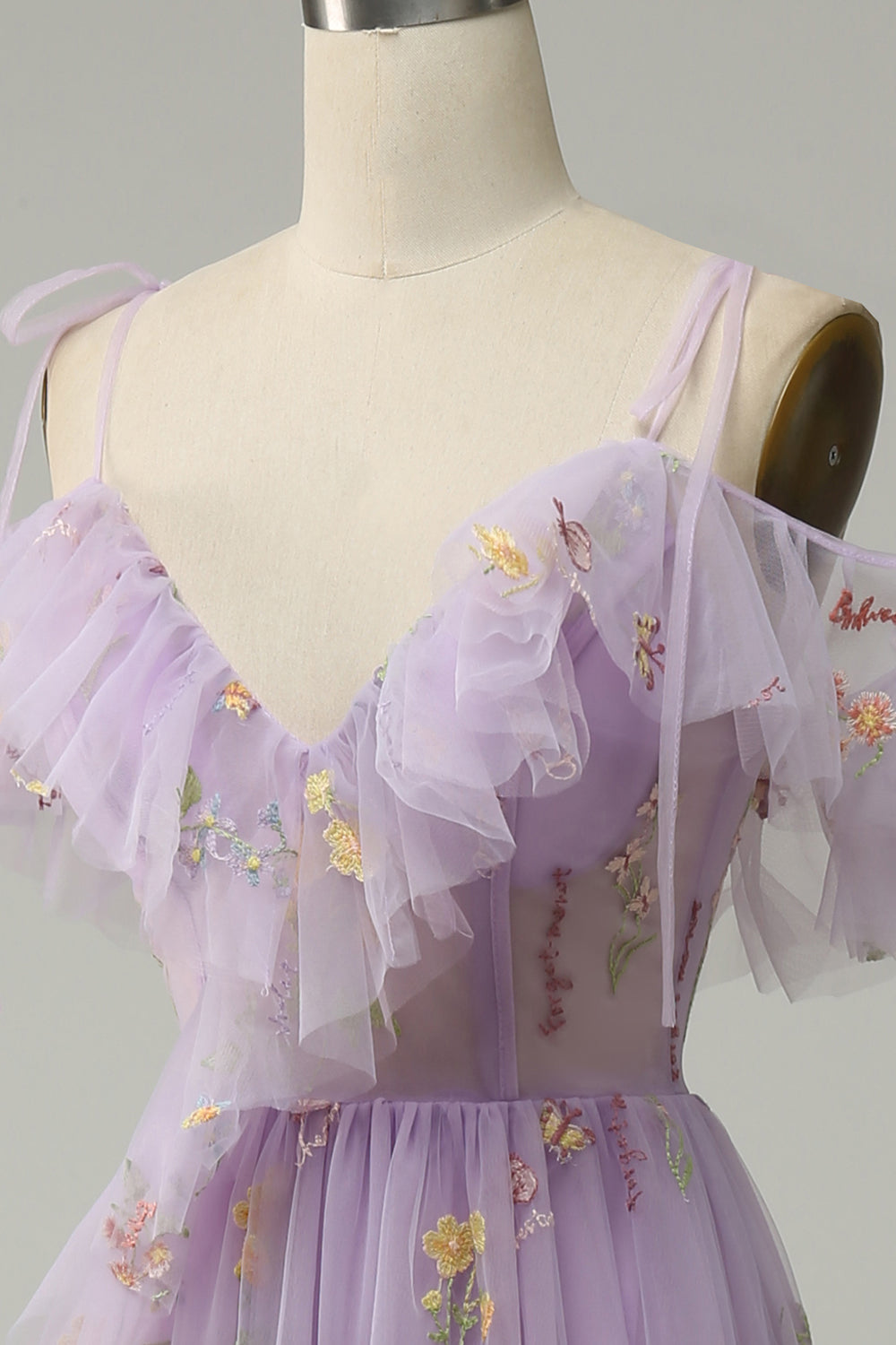 A-Line V-Neck Spaghetti Straps Embroidery Lavender Long Prom Dress with Slit - Fashionpara