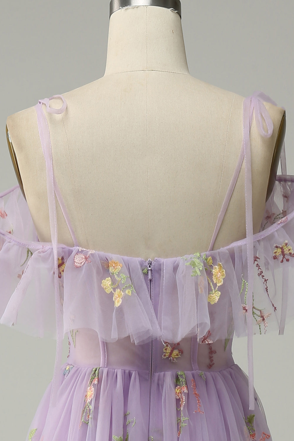A-Line V-Neck Spaghetti Straps Embroidery Lavender Long Prom Dress with Slit - Fashionpara