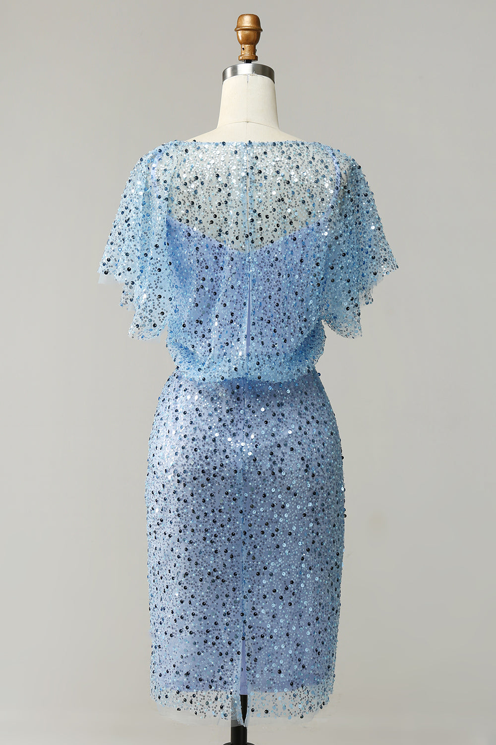 Grey Blue Sequins Butterfly Sleeve Bodycon Mother Dress