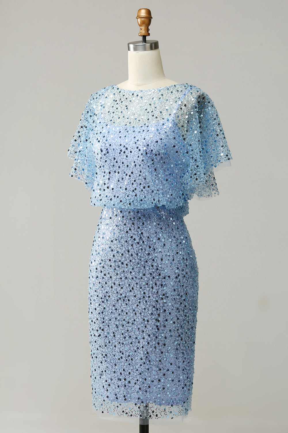 Grey Blue Sequins Butterfly Sleeve Bodycon Mother Dress
