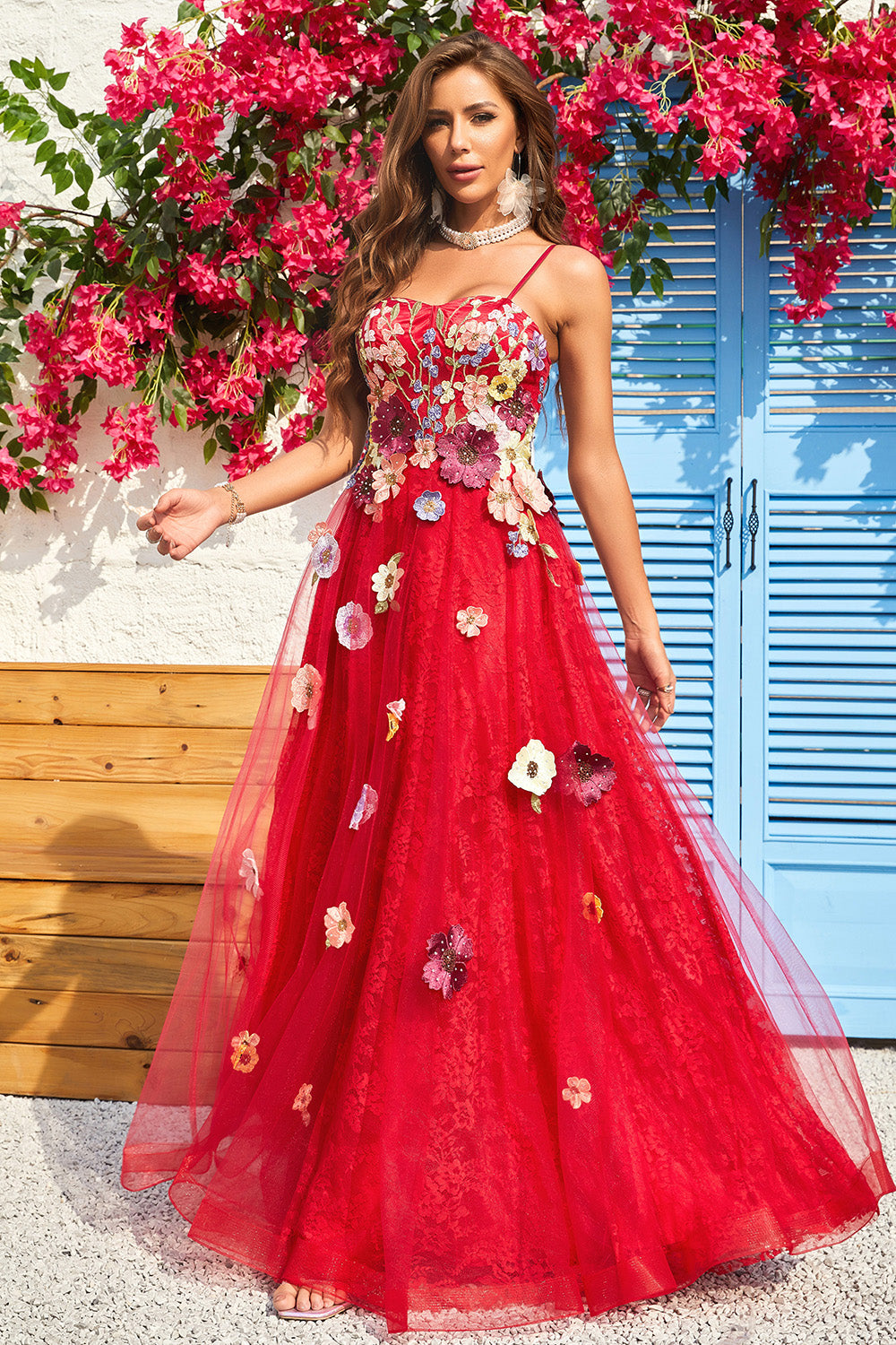 A Line Spaghetti Straps Long Burgundy Prom Dress with Appliques