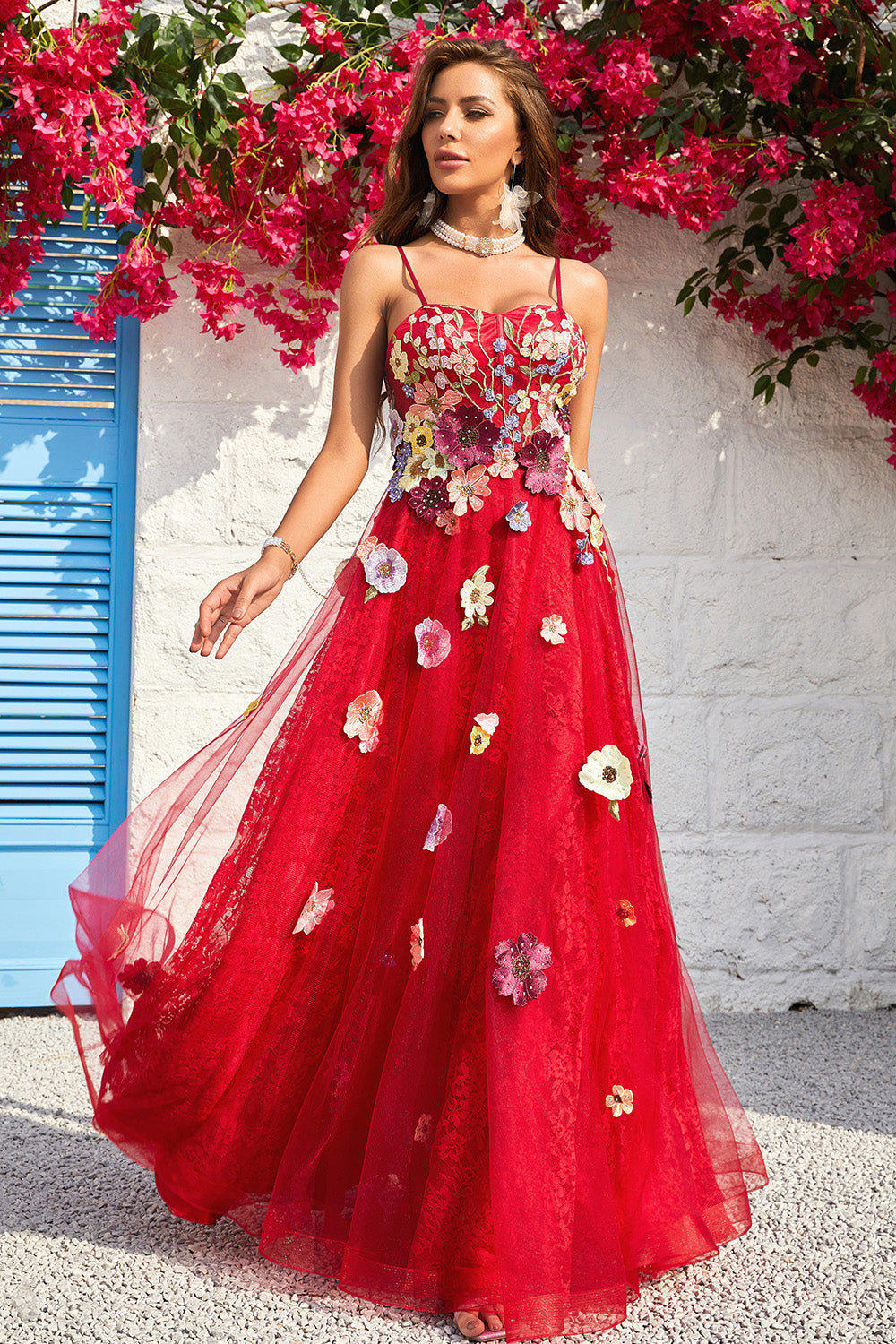 A Line Spaghetti Straps Long Burgundy Prom Dress with Appliques