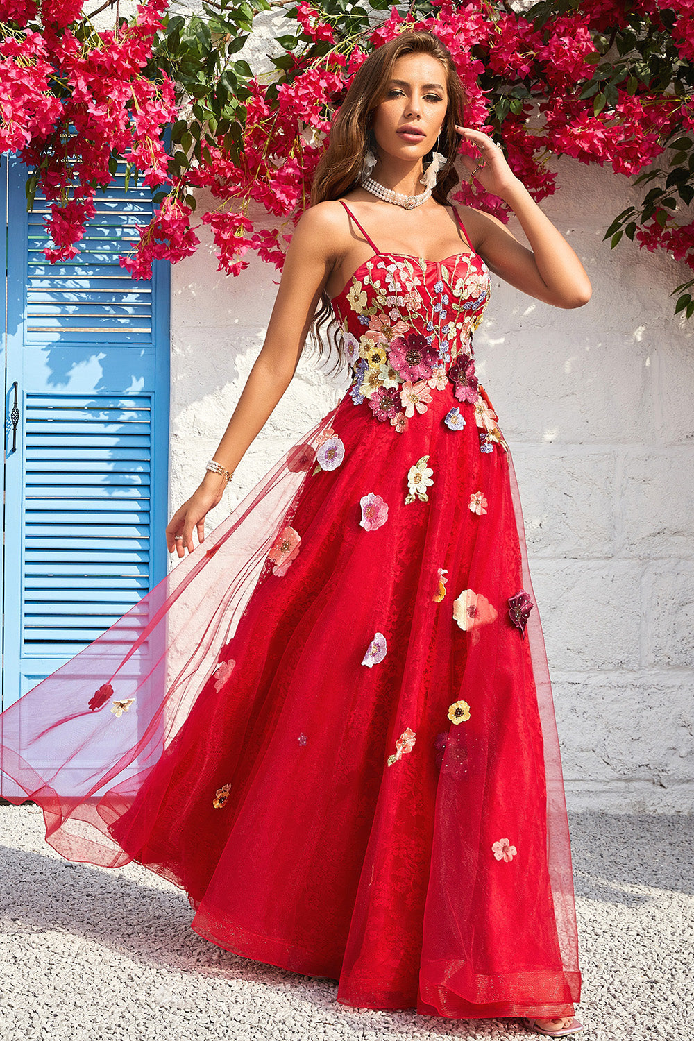 A Line Spaghetti Straps Long Burgundy Prom Dress with Appliques