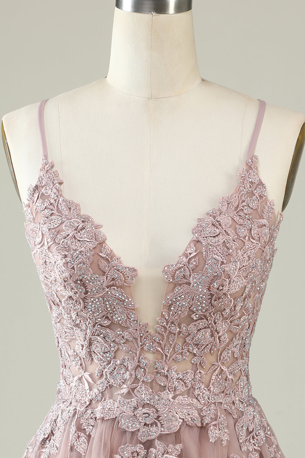 Spaghetti Straps Blush Short Tulle Homecoming Dress with Appliques