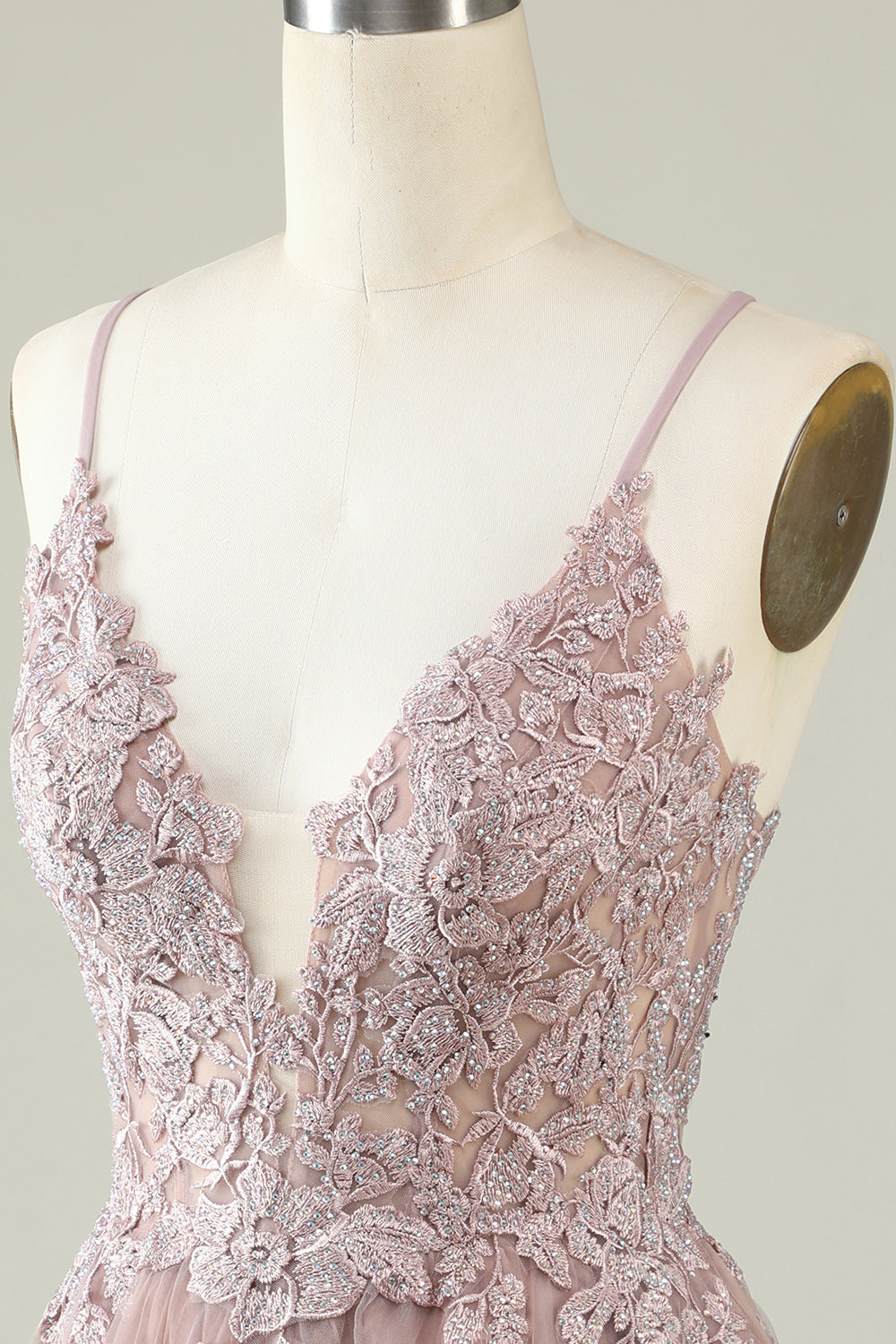 Spaghetti Straps Blush Short Tulle Homecoming Dress with Appliques