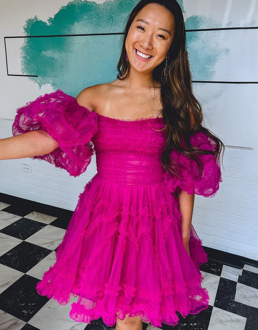 Fuchsia A-Line Off The Shoulder Short Tulle Party Dress - Fashionpara