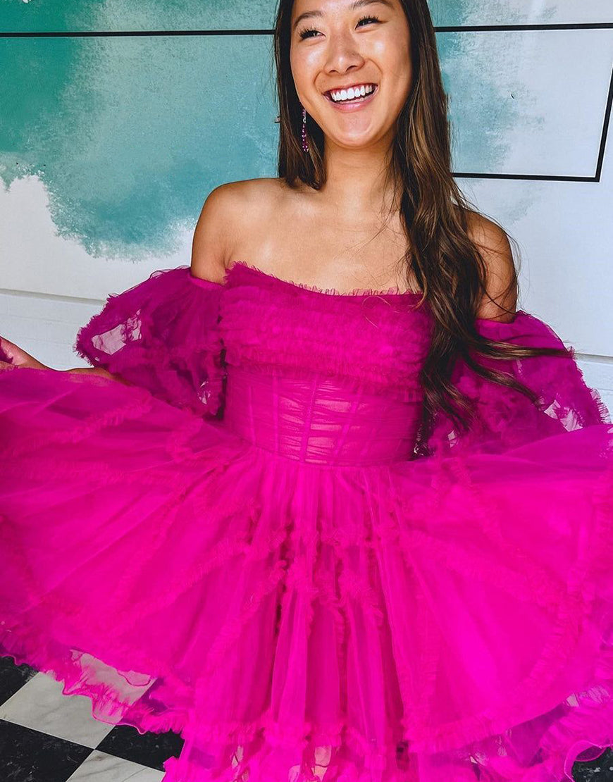Fuchsia A-Line Off The Shoulder Short Tulle Party Dress - Fashionpara