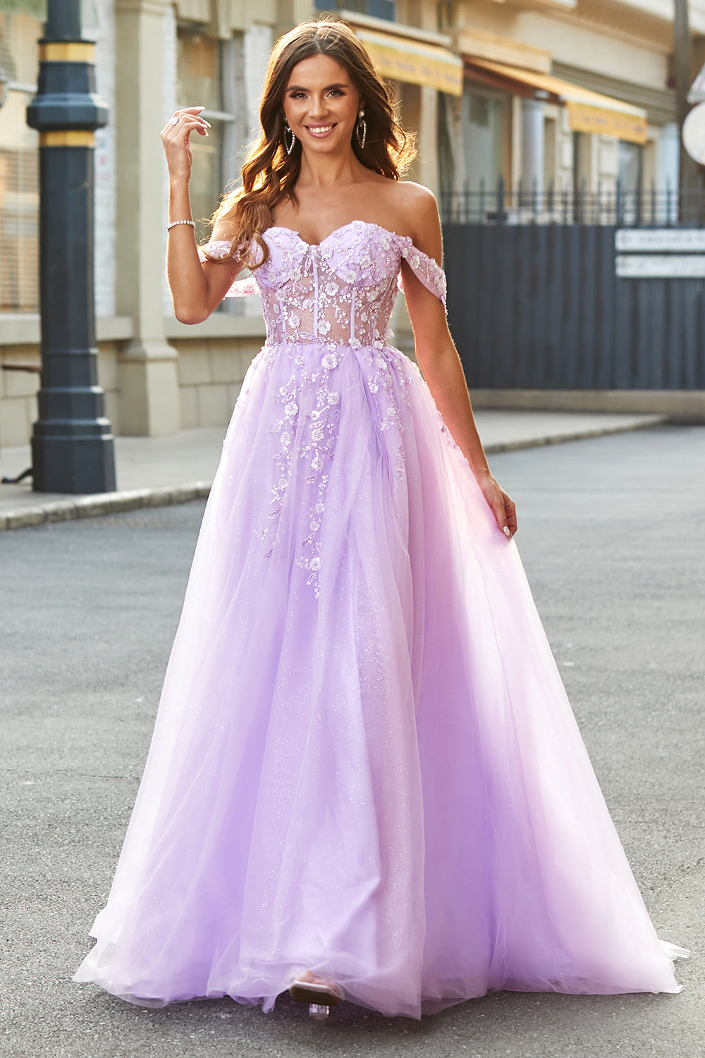 Off The Shoulder Lilac A-Line Beaded Corset Prom Dress