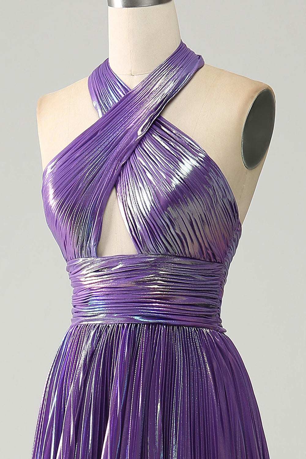 Sparkly Purple Halter A Line Prom Dress with Pleated