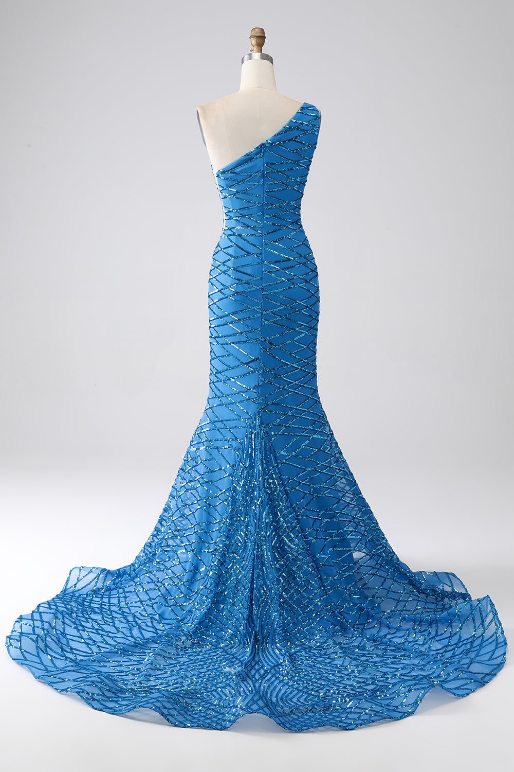 Blue Mermaid One Shoulder Sequins Long Prom Dress - Fashionpara