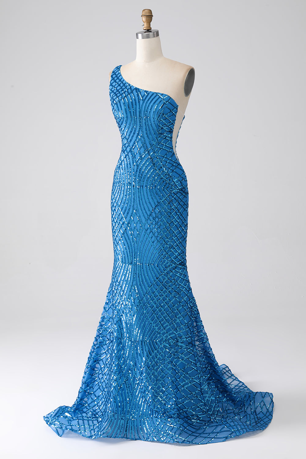 Blue Mermaid One Shoulder Sequins Long Prom Dress - Fashionpara