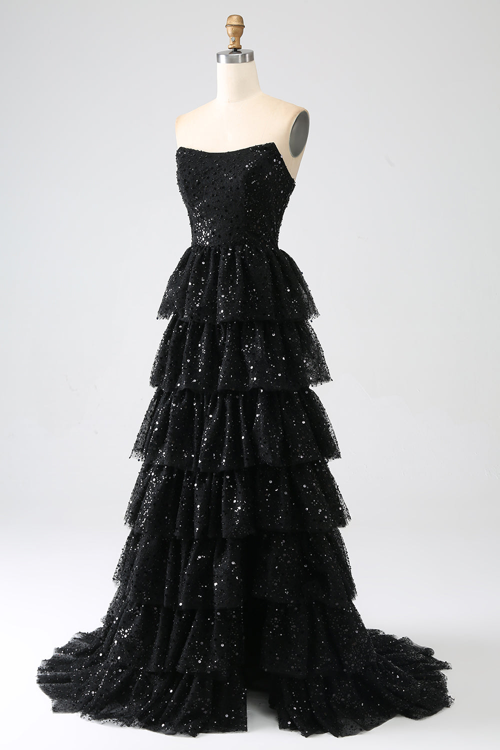 A-Line Sequins Black Tiered Prom Dress with Slit