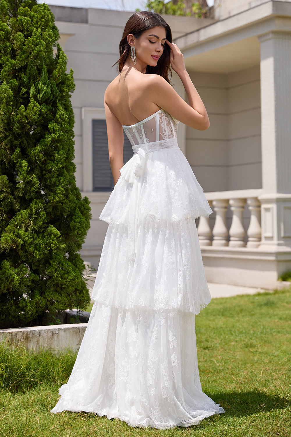 Elegant White Strapless Corset Tiered Long Bridal Party Dress with Lace - Fashionpara