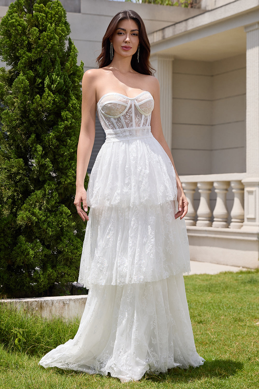 Elegant White Strapless Corset Tiered Long Bridal Party Dress with Lace - Fashionpara
