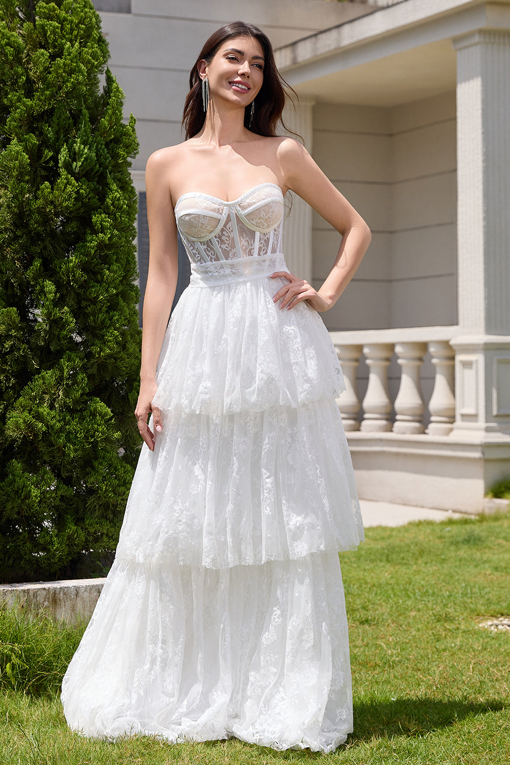 Elegant White Strapless Corset Tiered Long Bridal Party Dress with Lace - Fashionpara