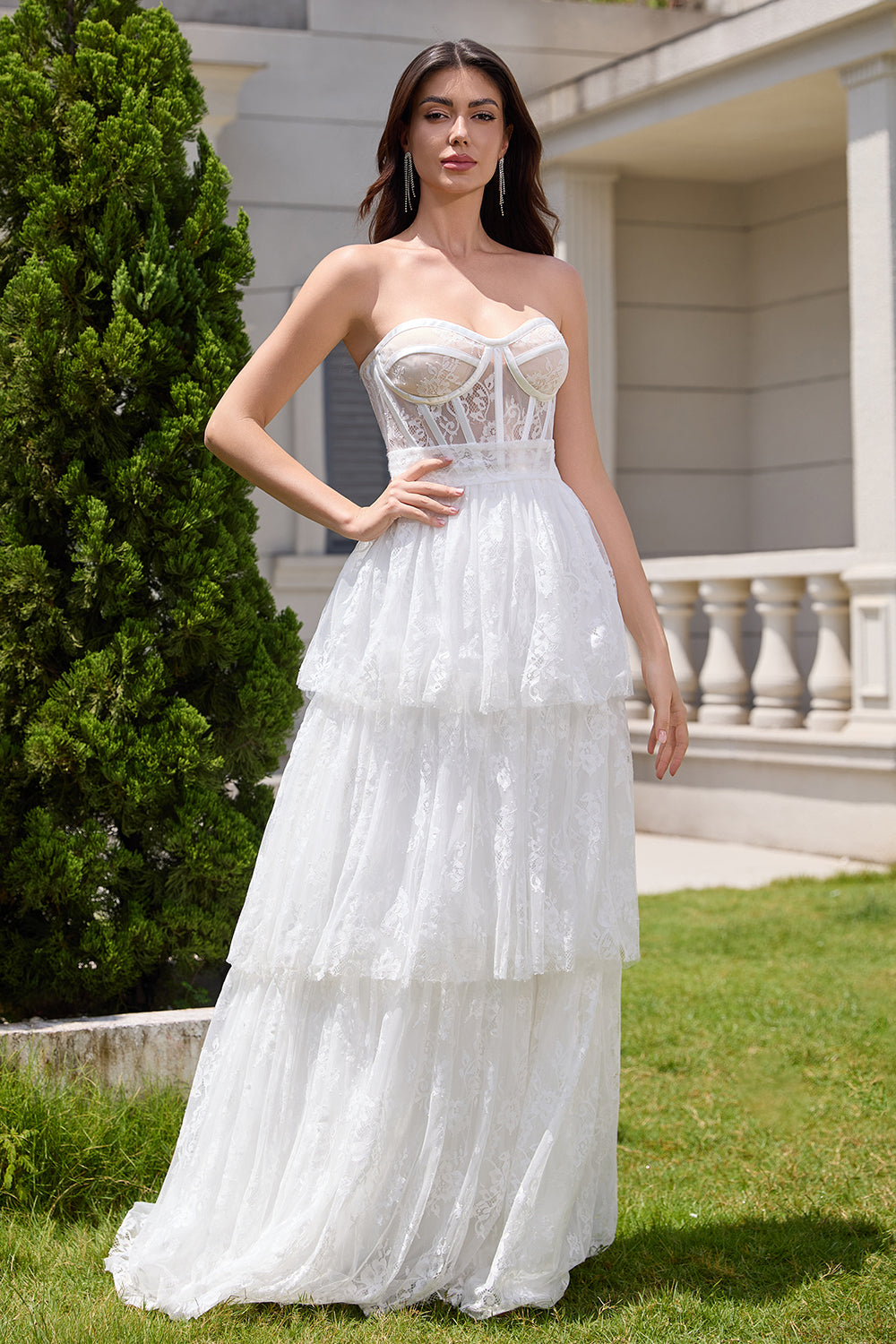 Elegant White Strapless Corset Tiered Long Bridal Party Dress with Lace - Fashionpara