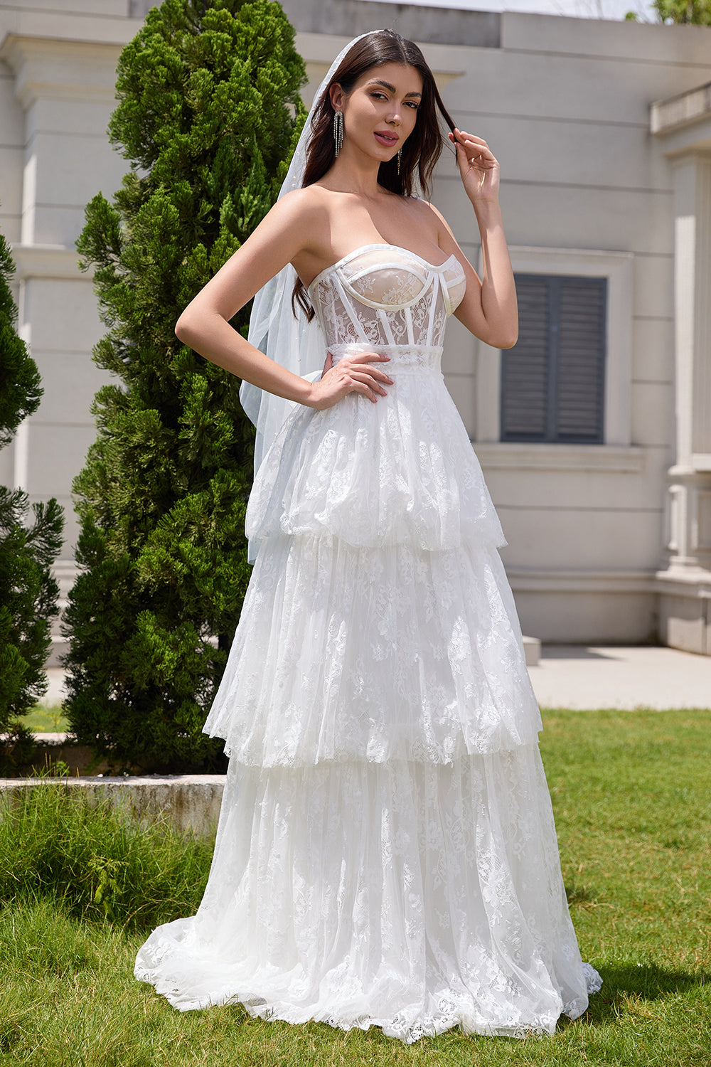 Elegant White Strapless Corset Tiered Long Bridal Party Dress with Lace - Fashionpara