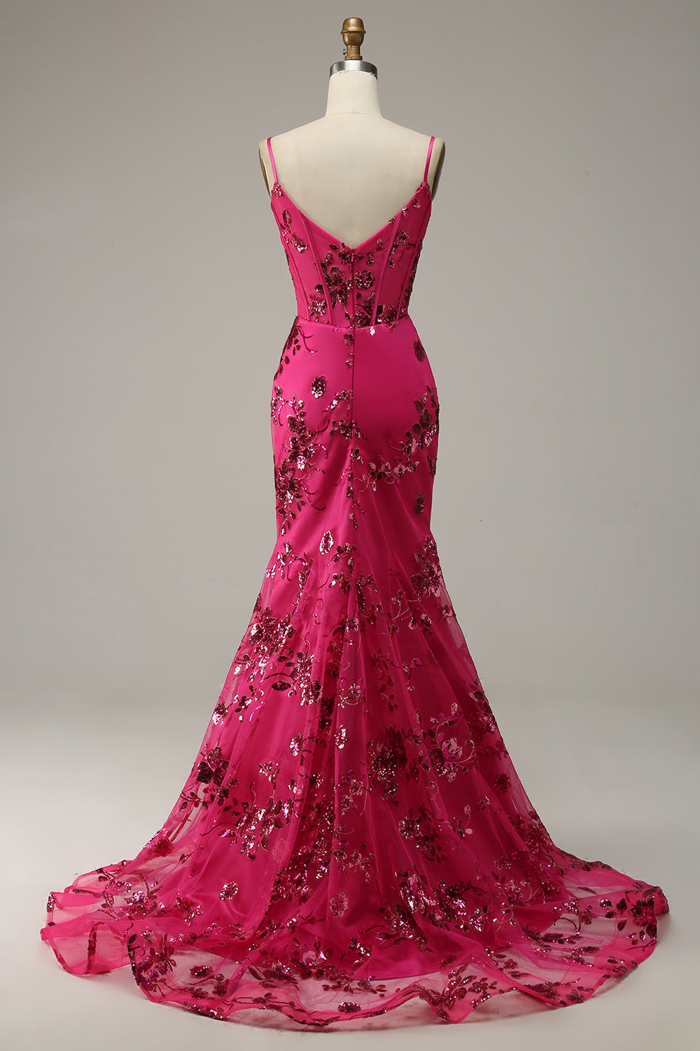 Hot Pink Sequins Print Mermaid Prom Dress - Fashionpara