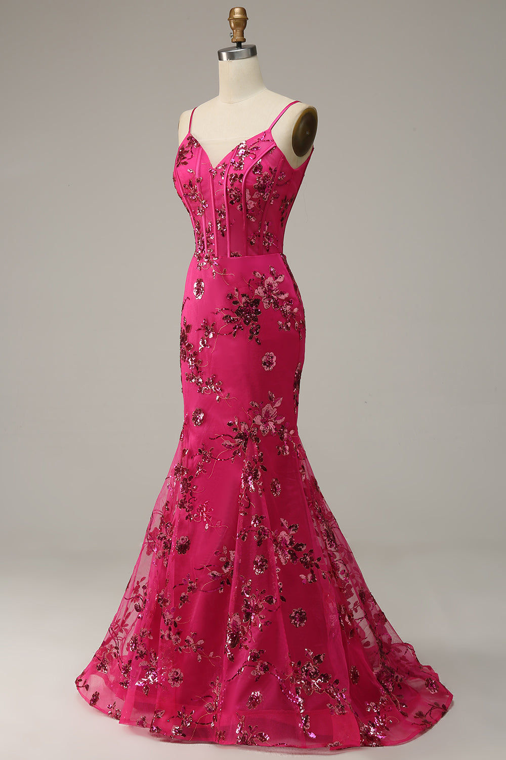 Hot Pink Sequins Print Mermaid Prom Dress - Fashionpara