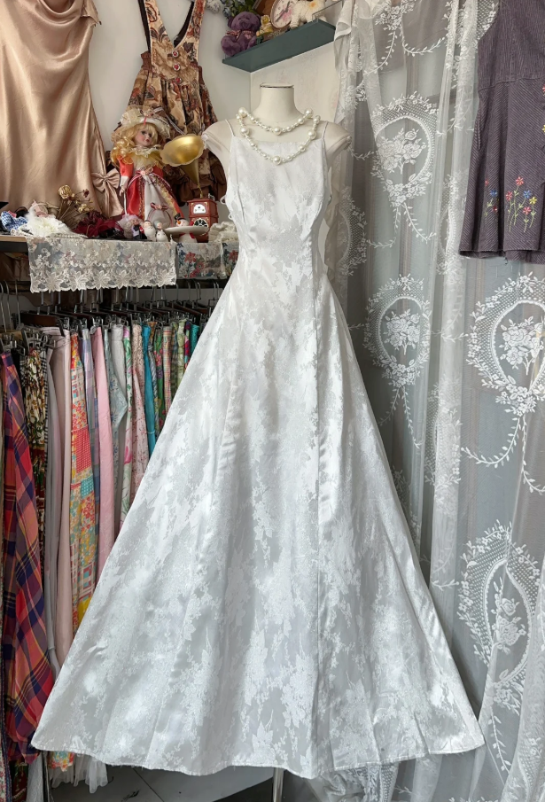 Pretty Spaghetti Straps White Satin Print Floral Mermaid Evening Dress Long Birthday Party Dress D1673