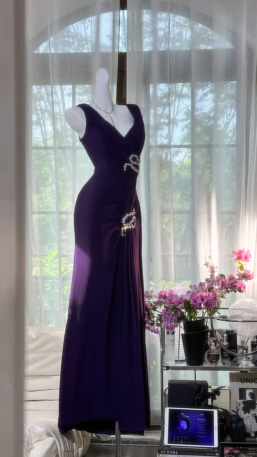 Pretty V Neck Purple Chiffon Beaded Mermaid Party Dress Formal Birthday Prom Dress D1171