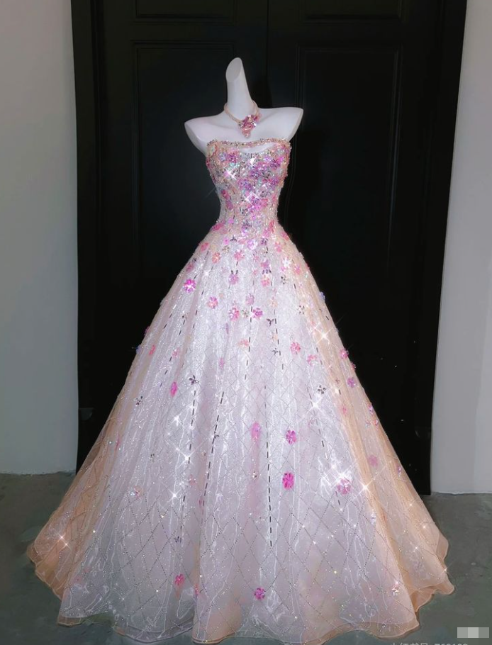 Pretty Strapless Pink Tulle Sequin Beaded Long Party Dress Prom Gown D1223