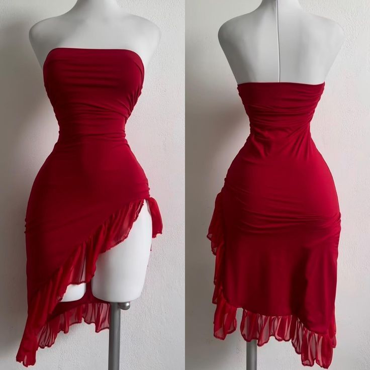 Sexy Strapless Red Ruffle Sheath Ruffle Mini Cocktail Dress Formal Graduation Homecoming Dress D608