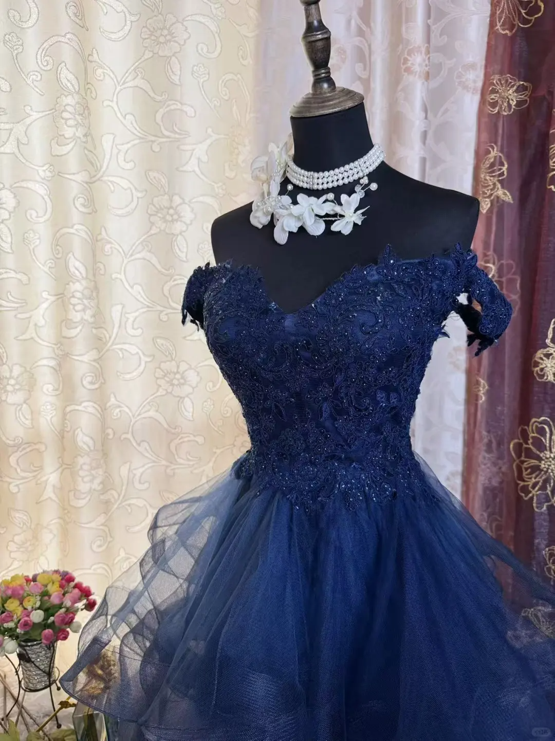 Vintage Navy Blue Tulle Appliques A Line Short Homecoming Dress Off The Shoulder 19th Birthday Outfits D725